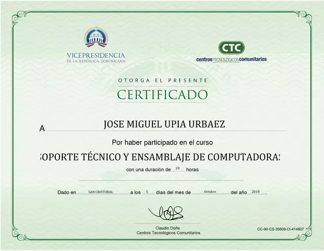 Certificado de Soporte técnico y ensamblaje de computadoras