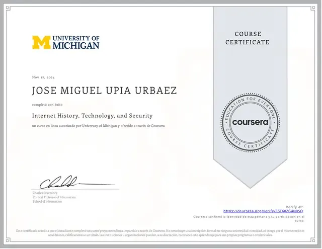 Certificado de Internet History, Technology, and Security